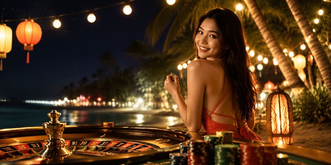 Bàn roulette được chiếu sáng bởi đèn lồng Hội An trong không gian casino hiện đại